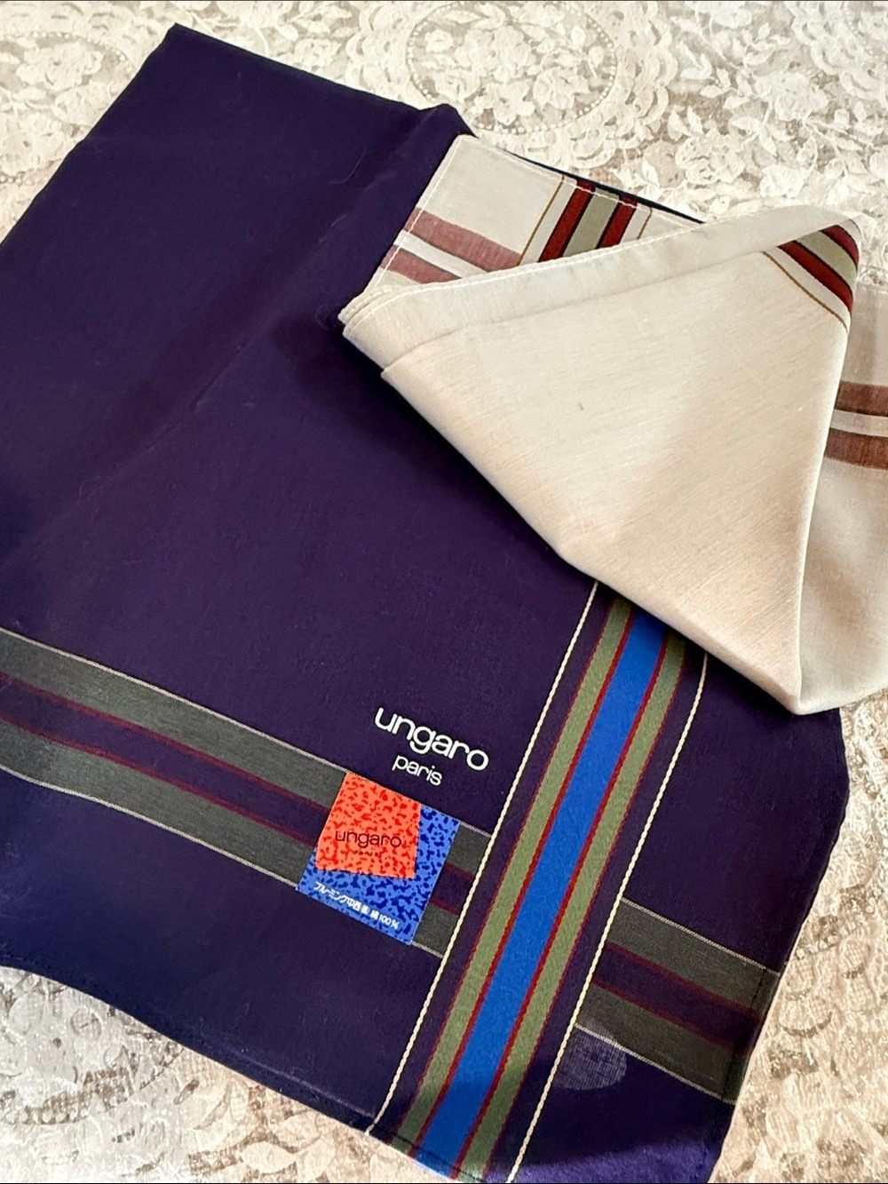 Emanuel Ungaro Cream set of 2 Pocket Square/ Burgundy & Olive Stripes 🇯🇵 brand